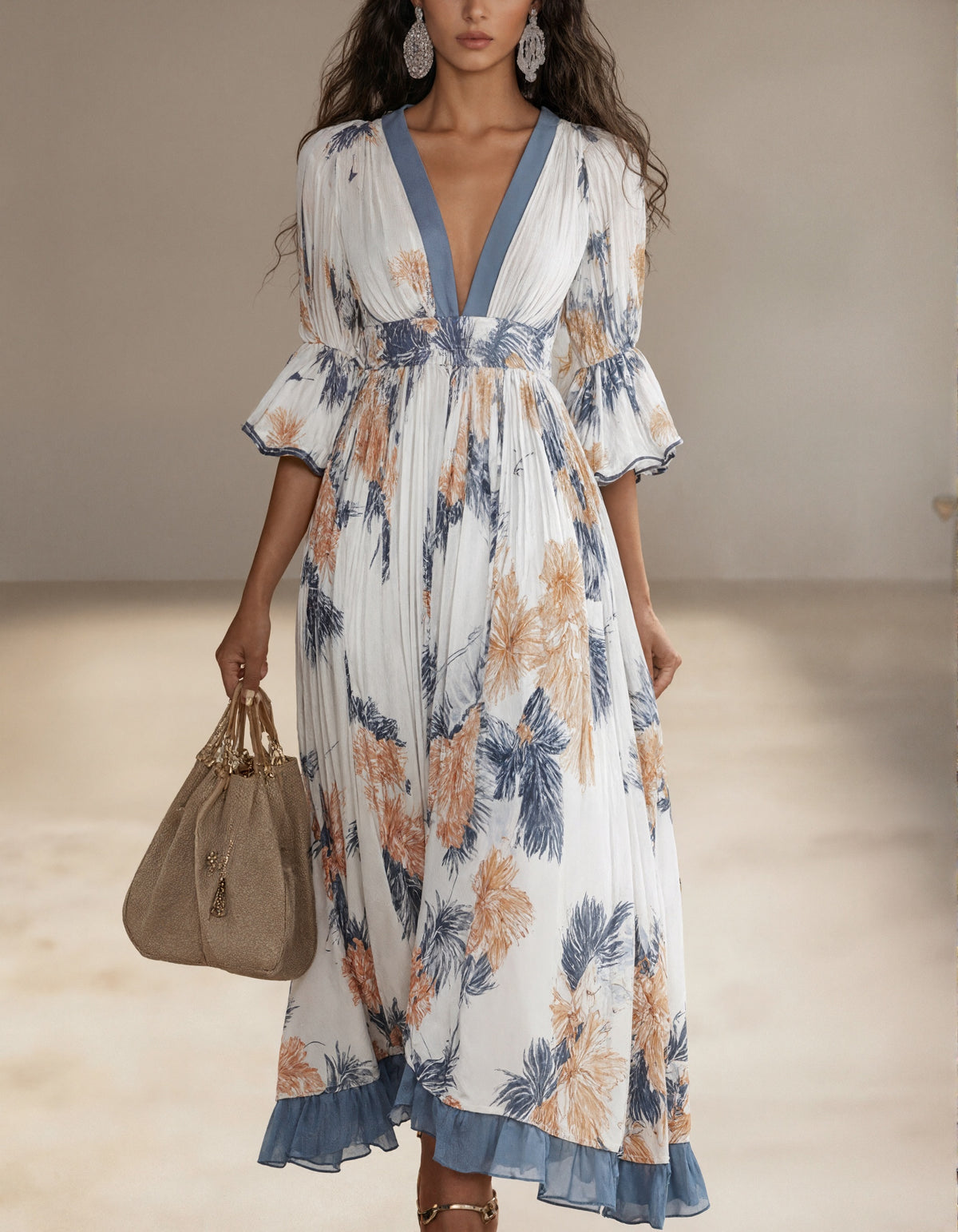 White Background With Blue And Orange Tropical Floral Print Maxi Dress