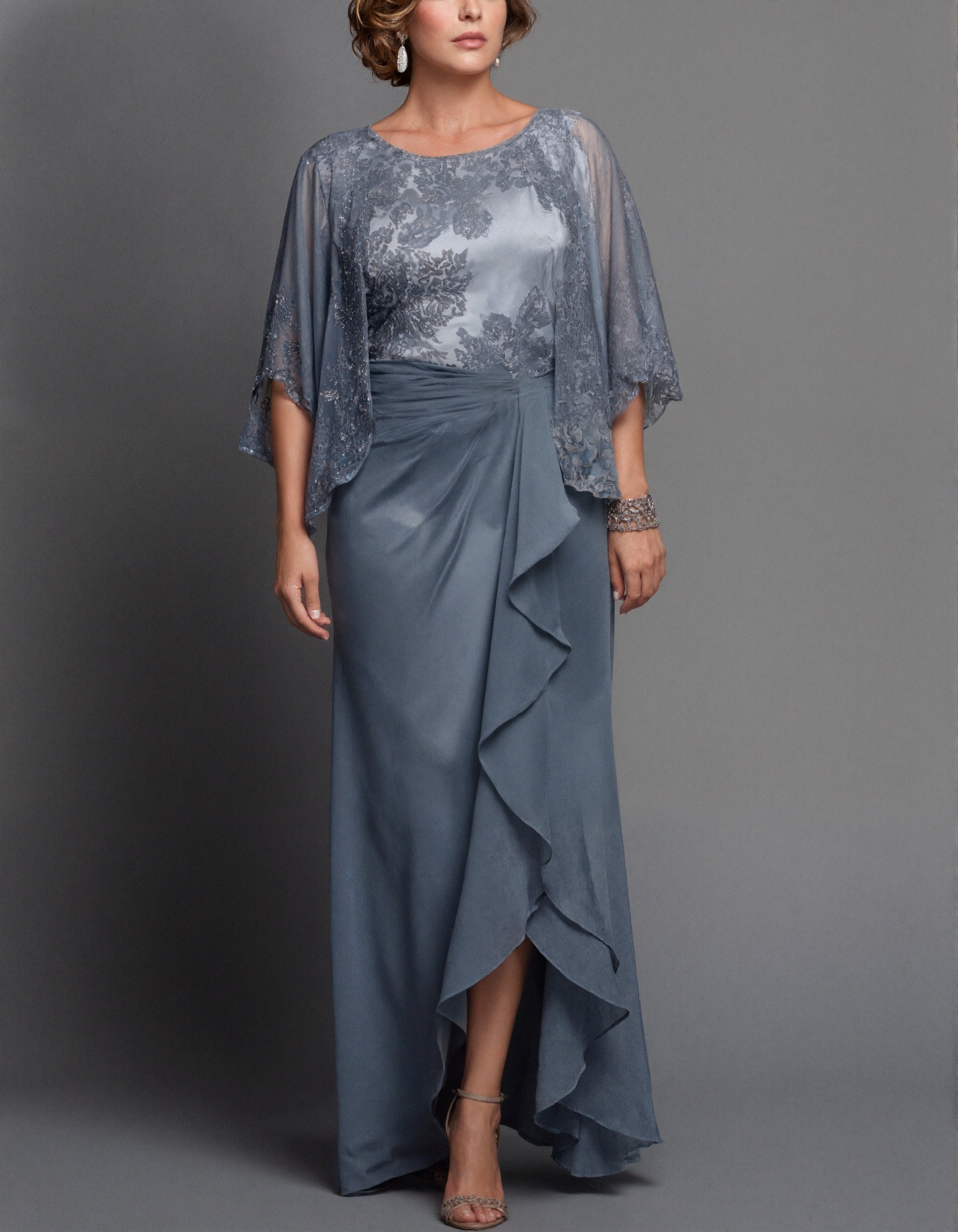 Blue Grey Lace Chiffon Shawl Sleeves Maxi Dress