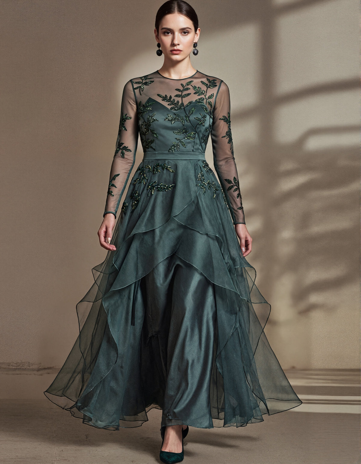 Green Tulle Long Sleeves With Layered Ruffles Maxi Dress