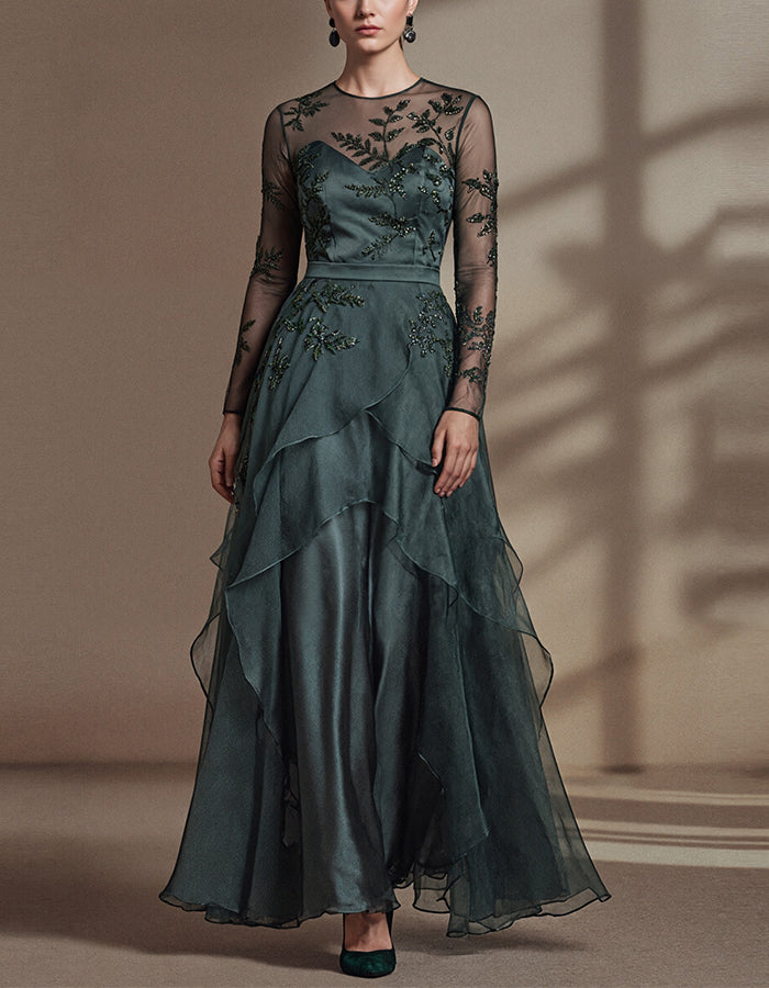 Green Tulle Long Sleeves With Layered Ruffles Maxi Dress