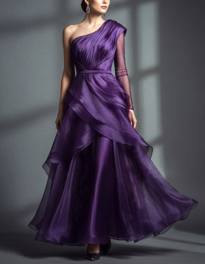 Purple One Shoulder Asymmetrical Tulle Long Sleeve Maxi Dress
