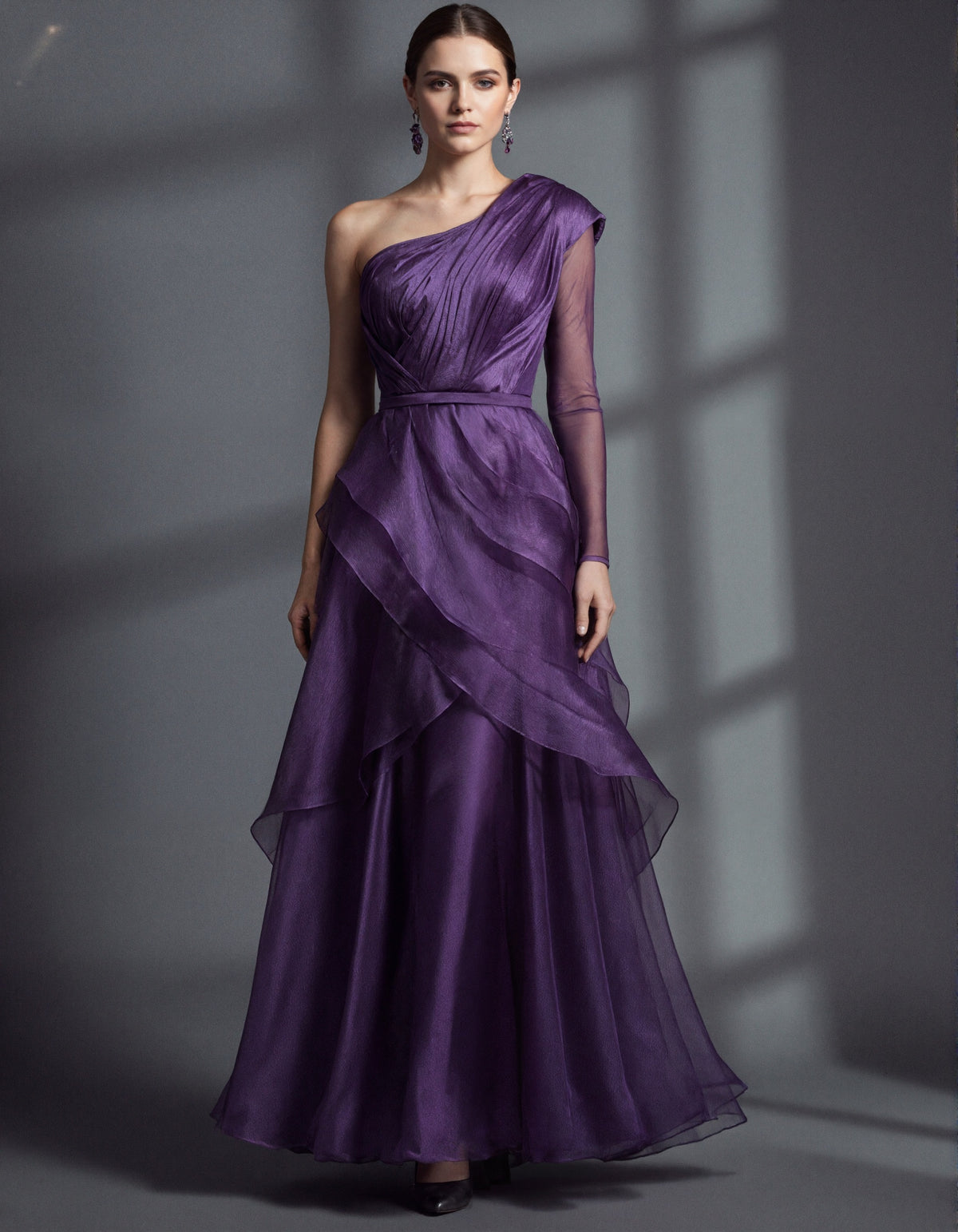 Purple One Shoulder Asymmetrical Tulle Long Sleeve Maxi Dress