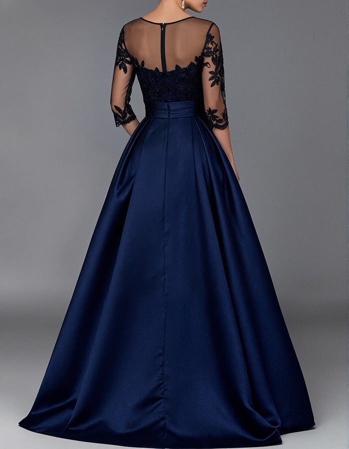 Navy Blue Illusion Round‑Neck Three‑Quarter Lace Sleeve Satin A‑Line Maxi Dress
