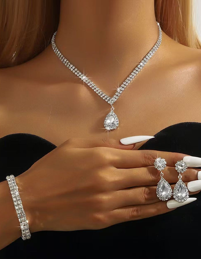 Double Dip Rhinestone Necklace Earrings And Bracelet 3-Piece Set