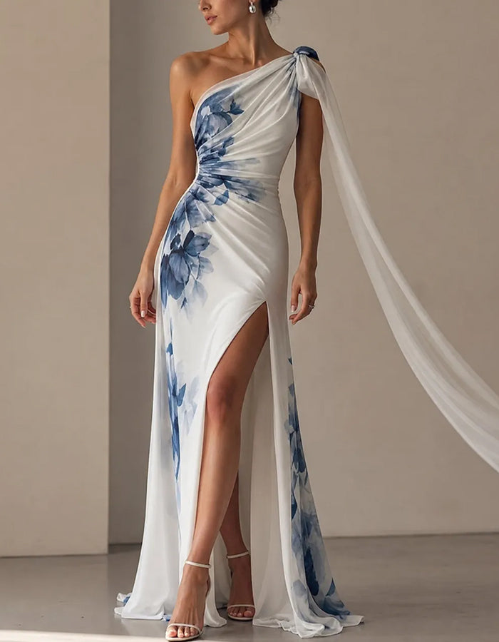 Blue Floral One‑Shoulder Knotted Strap High Slit Chiffon Maxi Dress