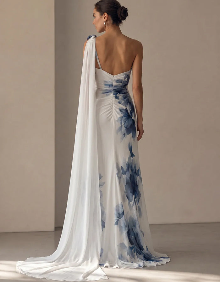 Blue Floral One‑Shoulder Knotted Strap High Slit Chiffon Maxi Dress