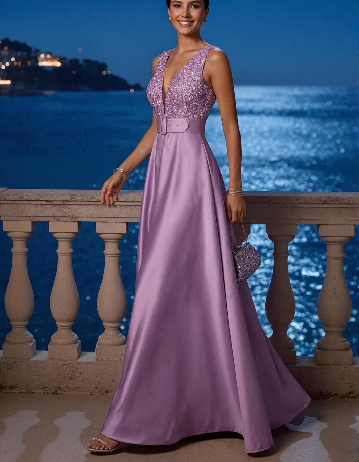 Lavender Sequined Satin Sleeveless V-Neck Maxi Dress