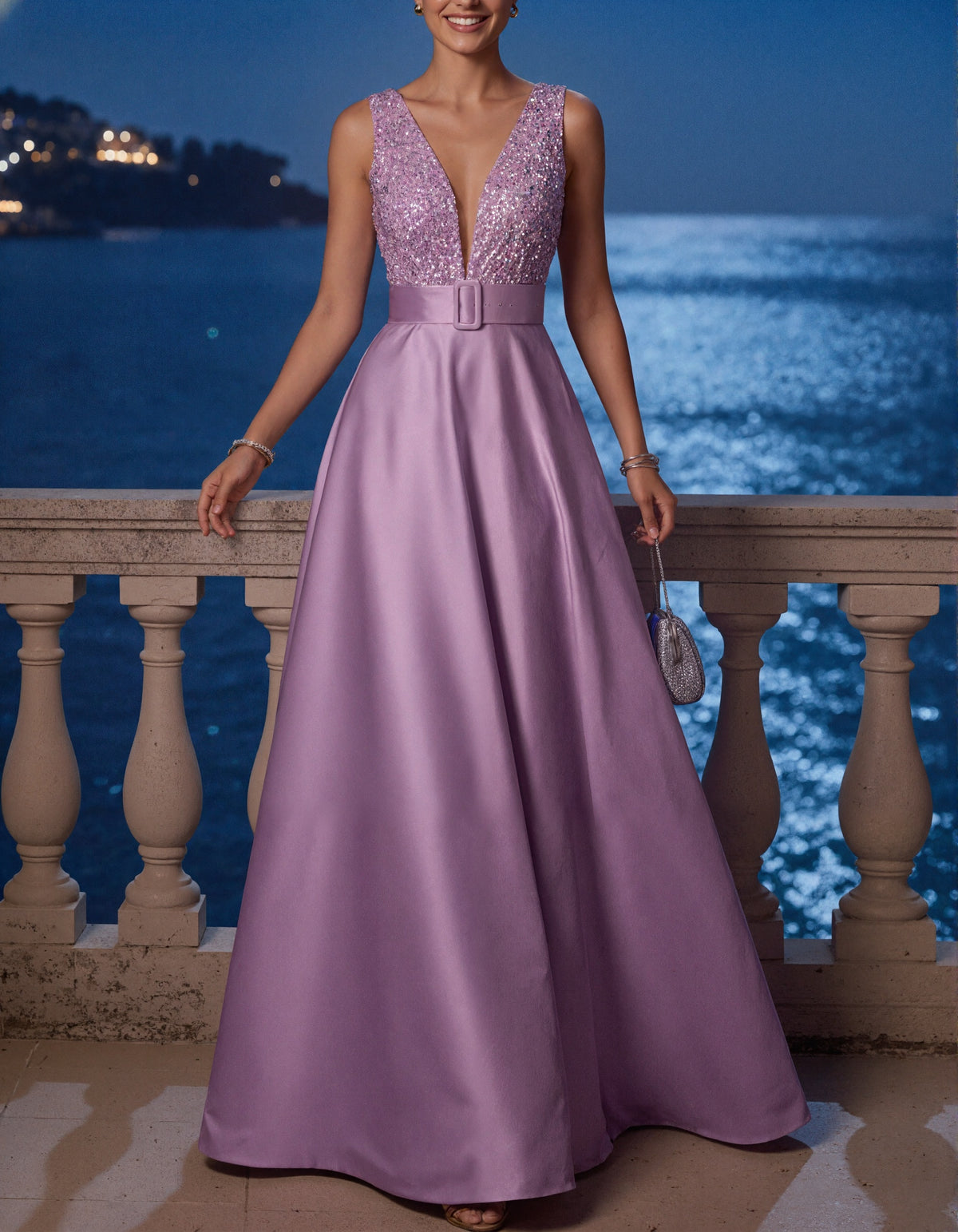 Lavender Sequined Satin Sleeveless V-Neck Maxi Dress