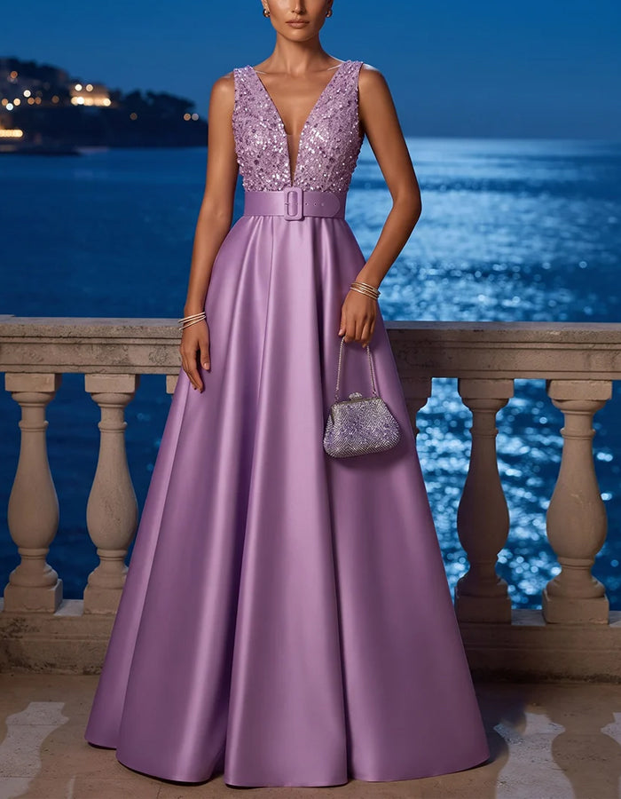 Lavender Sequined Satin Sleeveless V-Neck Maxi Dress
