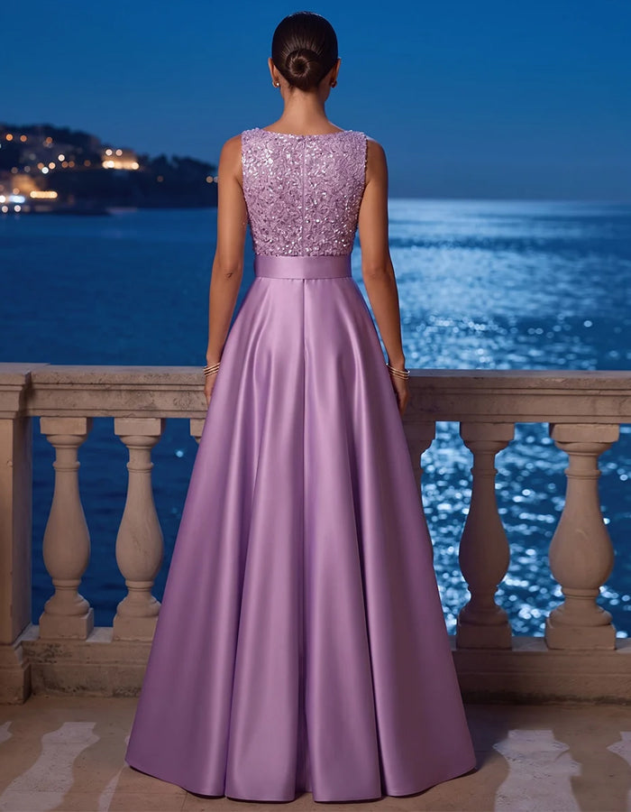 Lavender Sequined Satin Sleeveless V-Neck Maxi Dress
