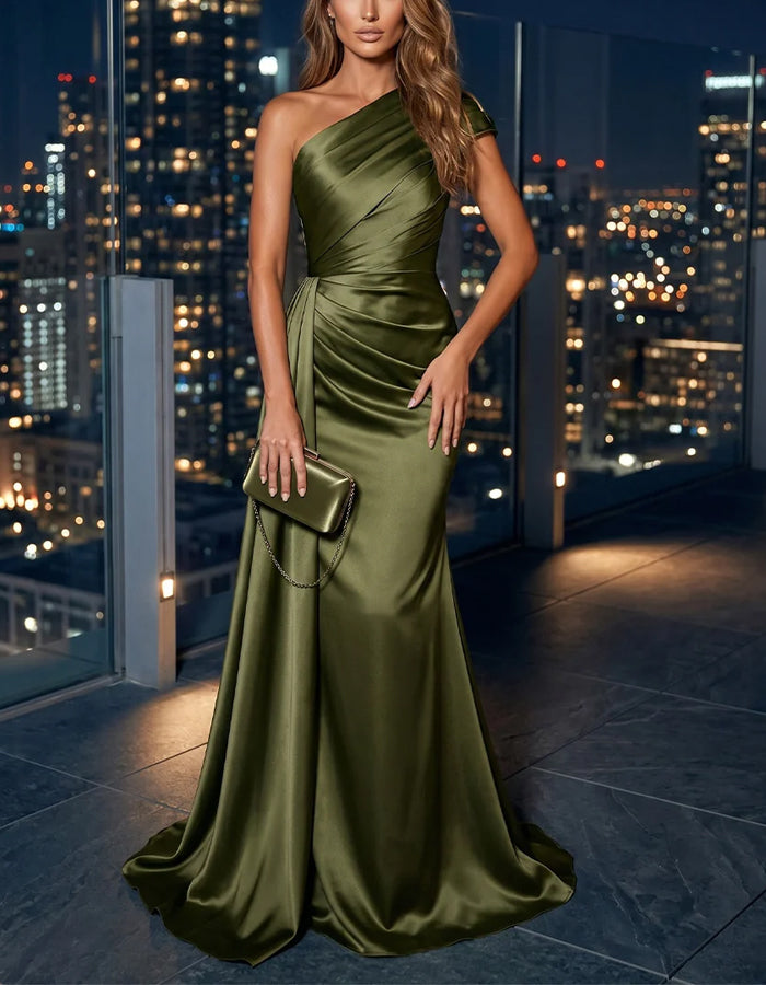 Olive Green Satin One Shoulder Draped Twist Waist Pleats Maxi Dress