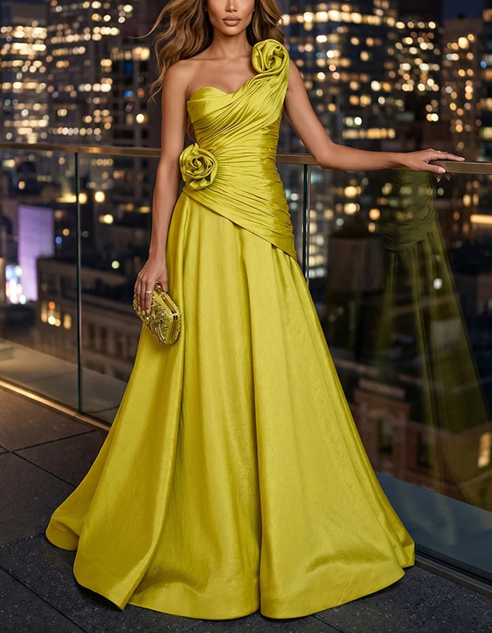 Yellow Green Satin One Shoulder 3D Flower Maxi Dress