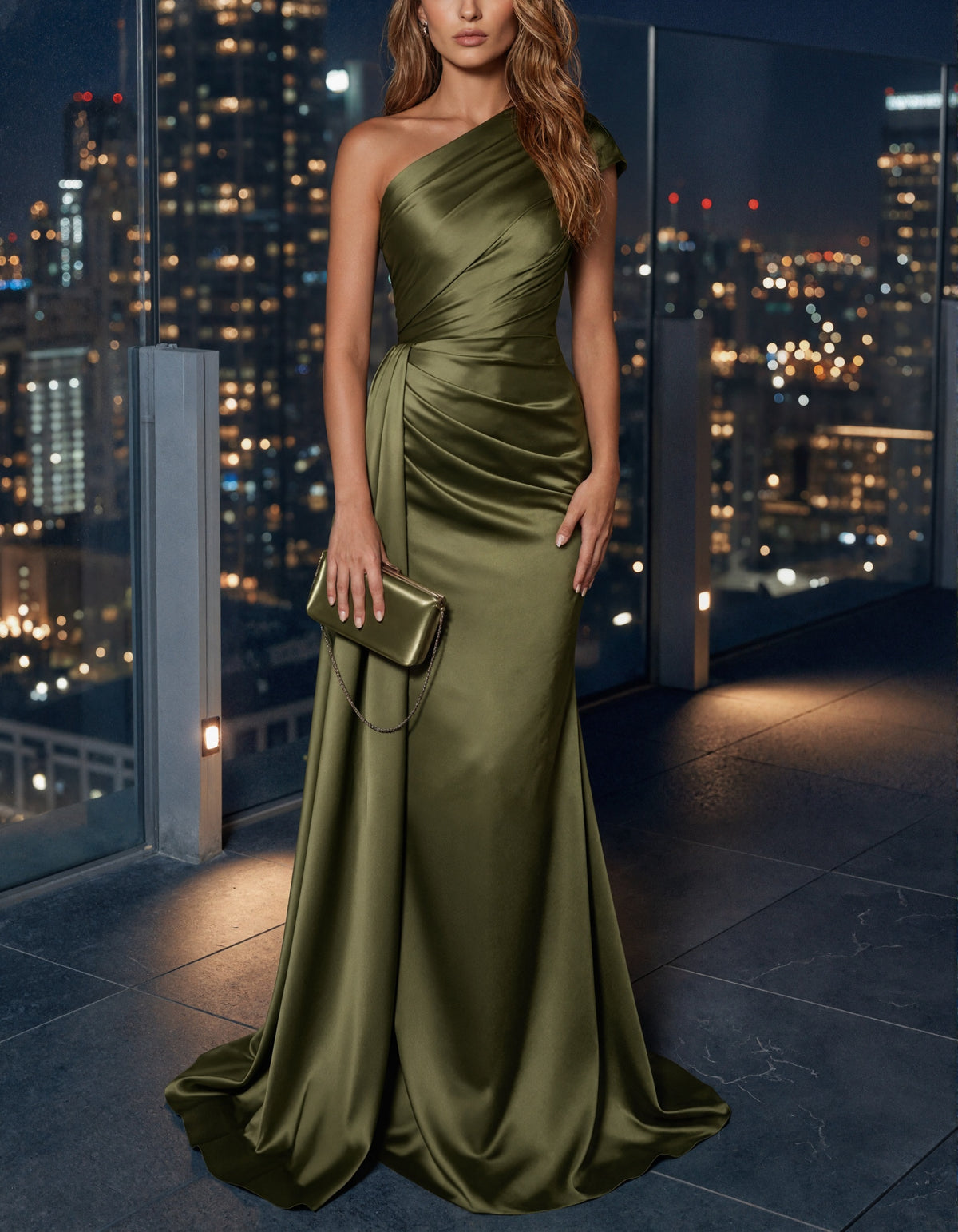Olive Green Satin One Shoulder Draped Twist Waist Pleats Maxi Dress
