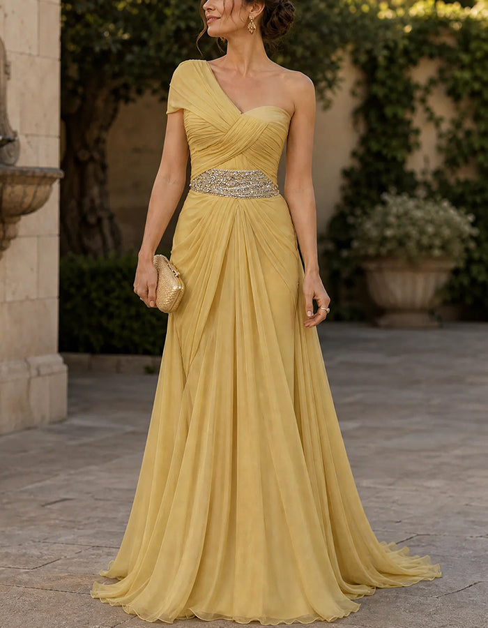 One‑Shoulder Flutter Sleeve Sequin Waist Chiffon  Maxi Dress