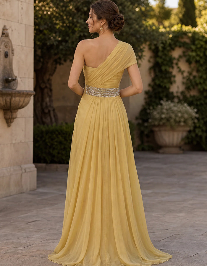 One‑Shoulder Flutter Sleeve Sequin Waist Chiffon  Maxi Dress