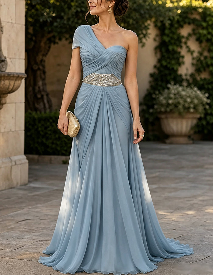 One‑Shoulder Flutter Sleeve Sequin Waist Chiffon  Maxi Dress