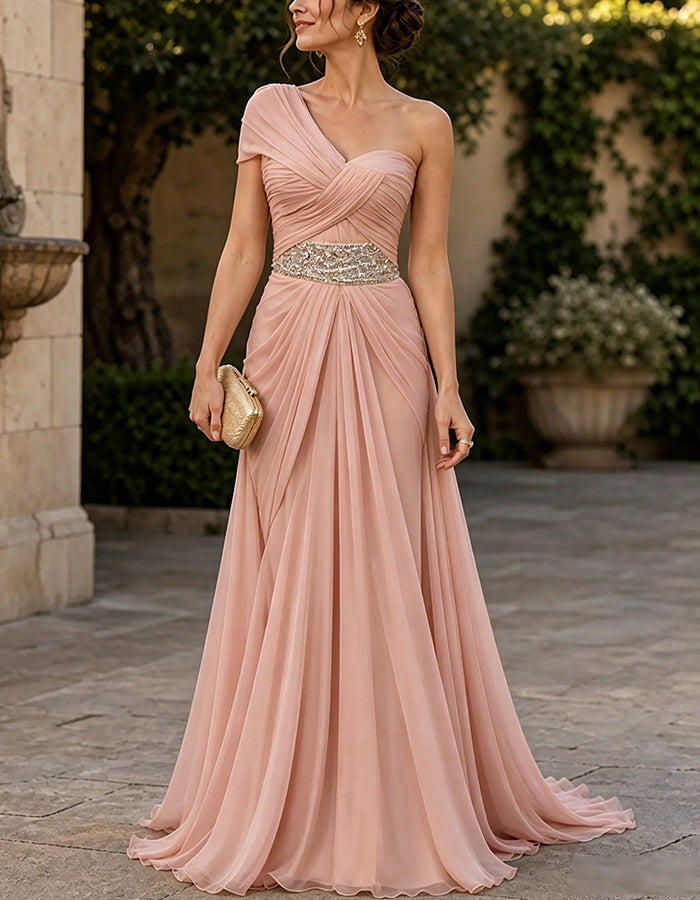 One‑Shoulder Flutter Sleeve Sequin Waist Chiffon  Maxi Dress