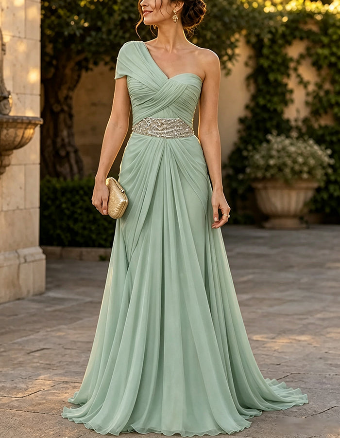 One‑Shoulder Flutter Sleeve Sequin Waist Chiffon  Maxi Dress