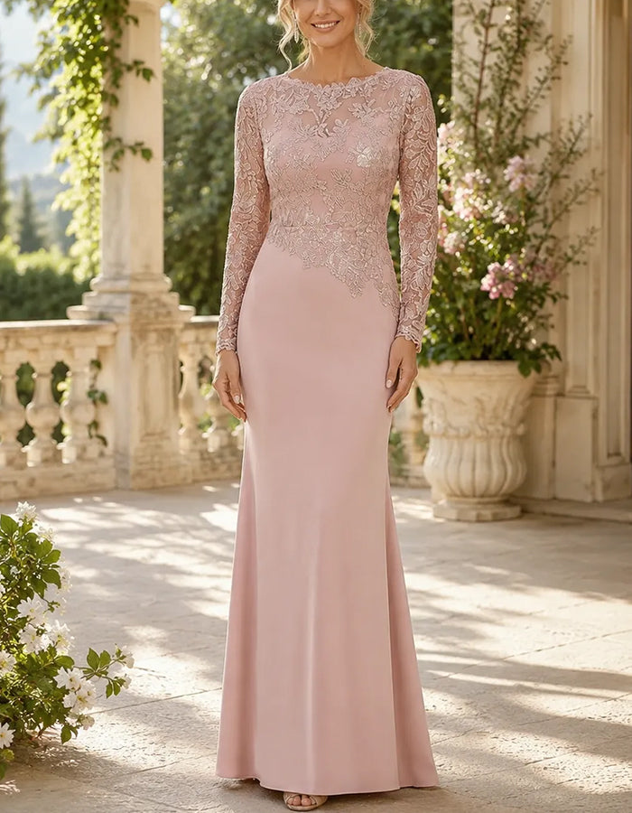 Mauve Pink Bateau Neck Long Lace Sleeve Maxi Dress