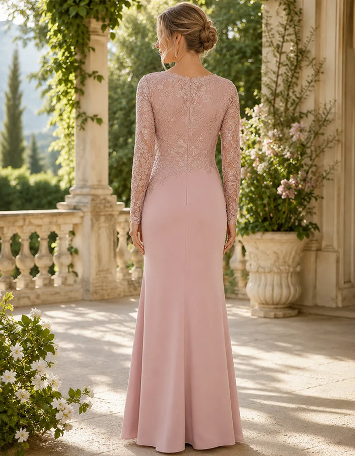 Mauve Pink Bateau Neck Long Lace Sleeve Maxi Dress