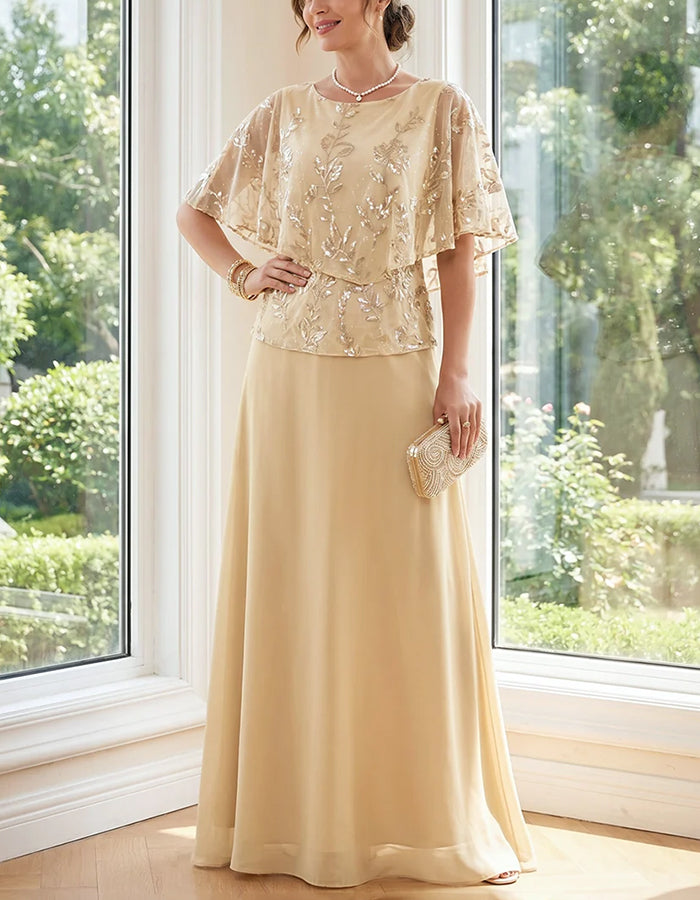 Champagne Round Neck Cape Sleeve Sequin Chiffon Maxi Dress