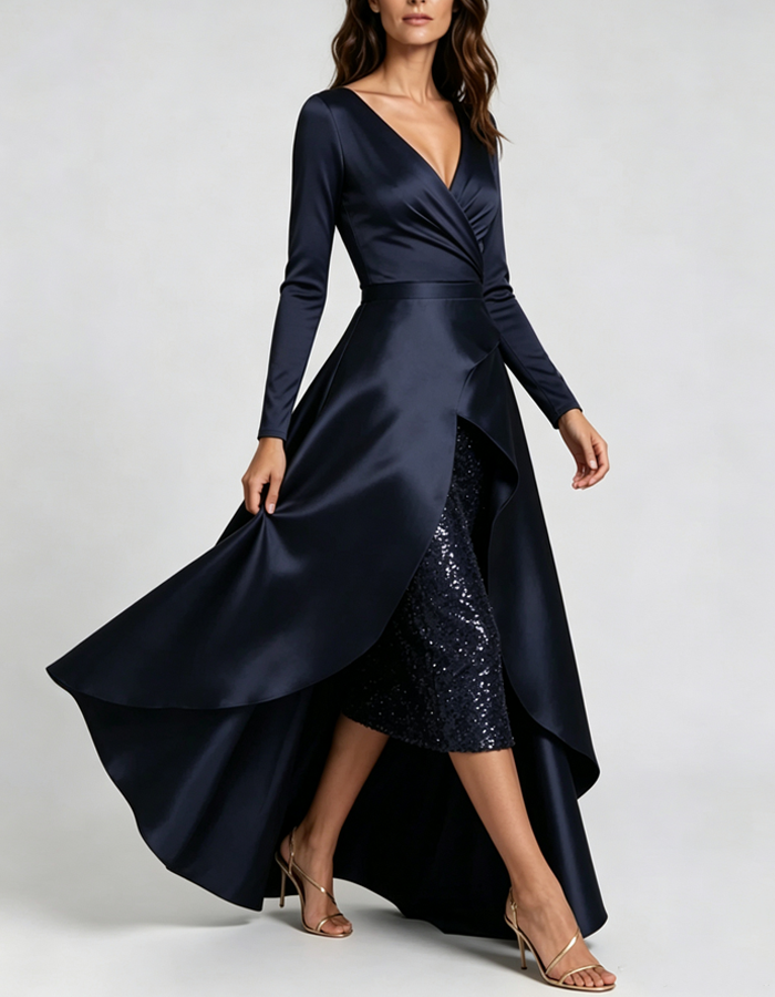 Deep Navy Blue V-neck Long-sleeved High-low Hem Wrap Maxi Dress