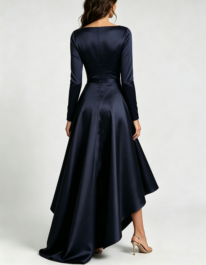 Deep Navy Blue V-neck Long-sleeved High-low Hem Wrap Maxi Dress