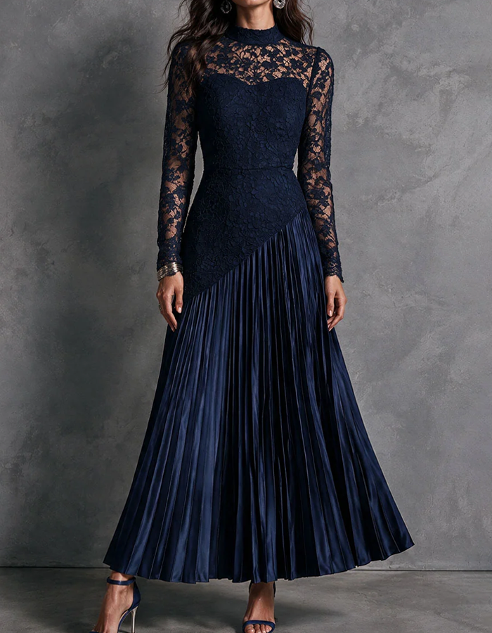 Deep Navy Blue Lace Satin Pleated Long-sleeved Maxi Dress