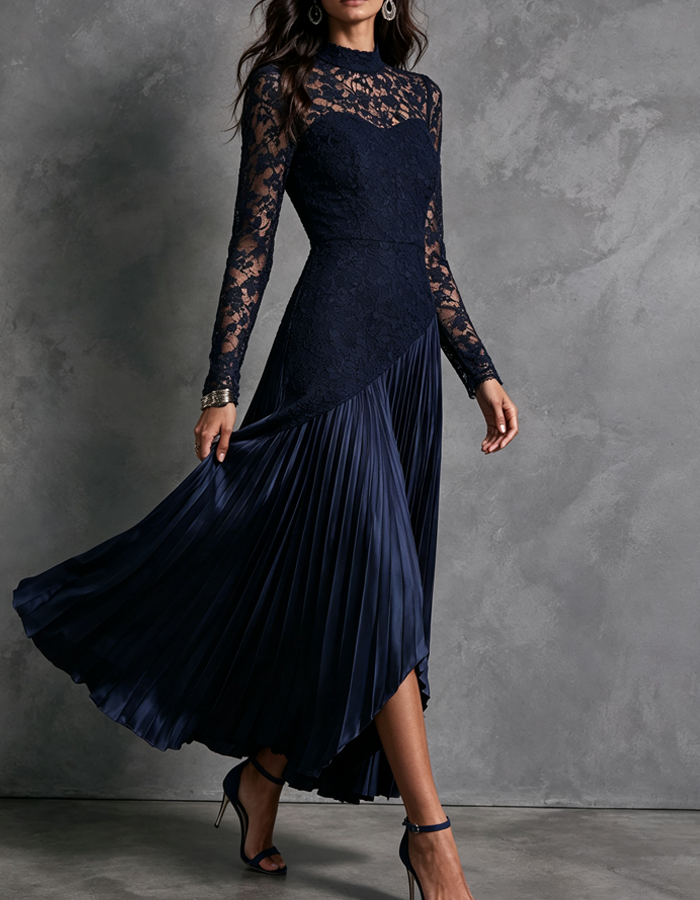 Deep Navy Blue Lace Satin Pleated Long-sleeved Maxi Dress