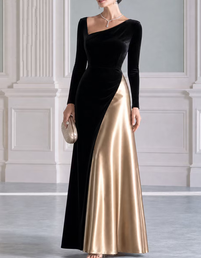 Black Velvet And Gold Long-sleeved Asymmetrical Satin Maxi Dress