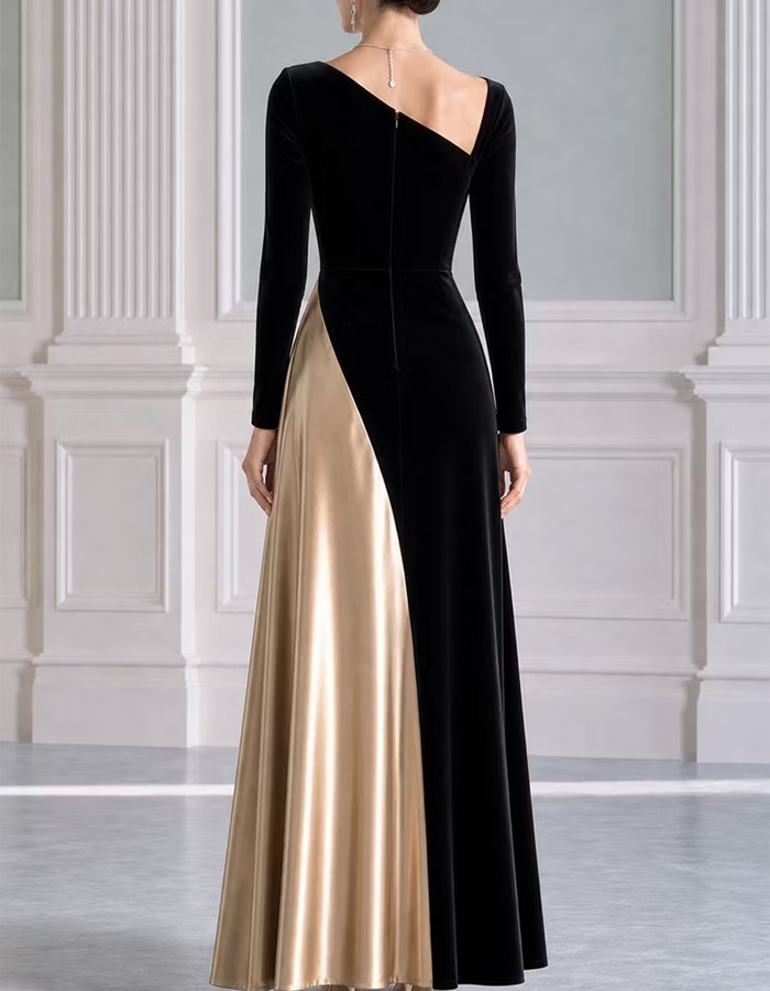 Black Velvet And Gold Long-sleeved Asymmetrical Satin Maxi Dress