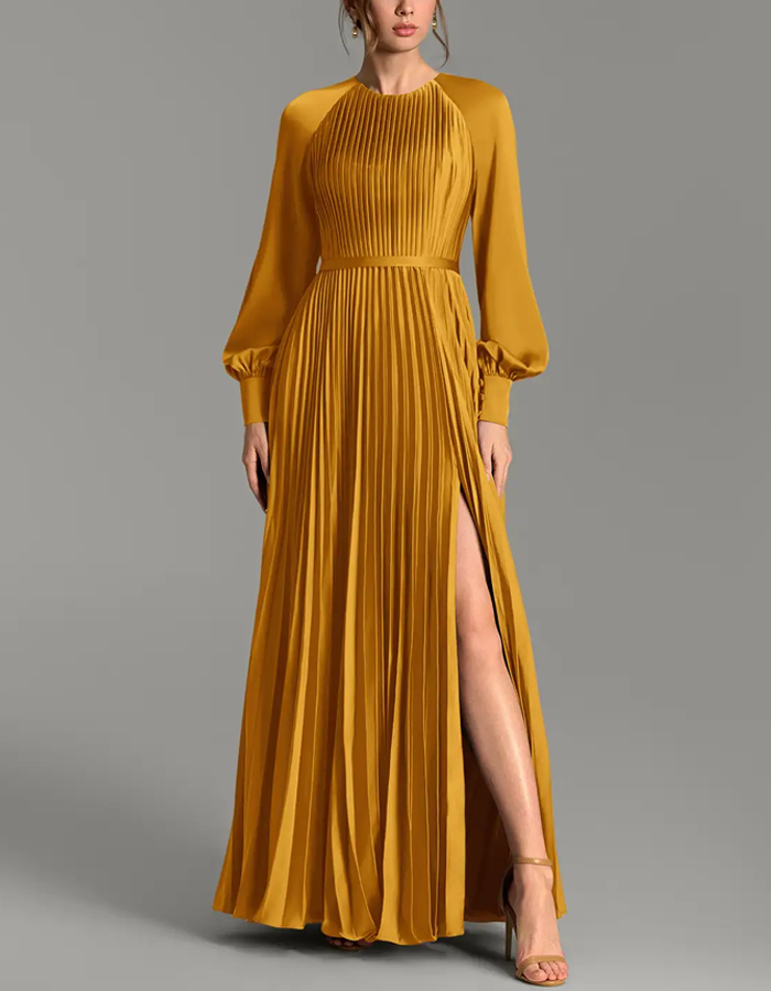 Multi-colored Round-neck Long-sleeved Pleated Satin Maxi Dress