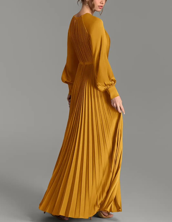 Multi-colored Round-neck Long-sleeved Pleated Satin Maxi Dress