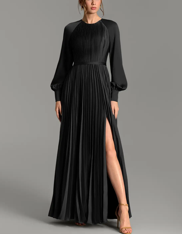 Multi-colored Round-neck Long-sleeved Pleated Satin Maxi Dress