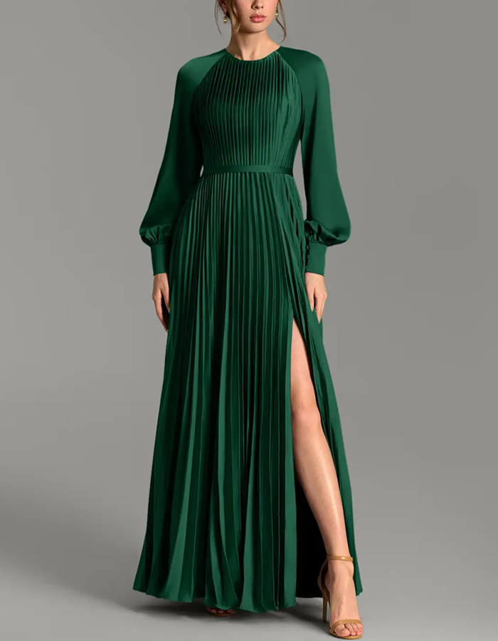 Multi-colored Round-neck Long-sleeved Pleated Satin Maxi Dress