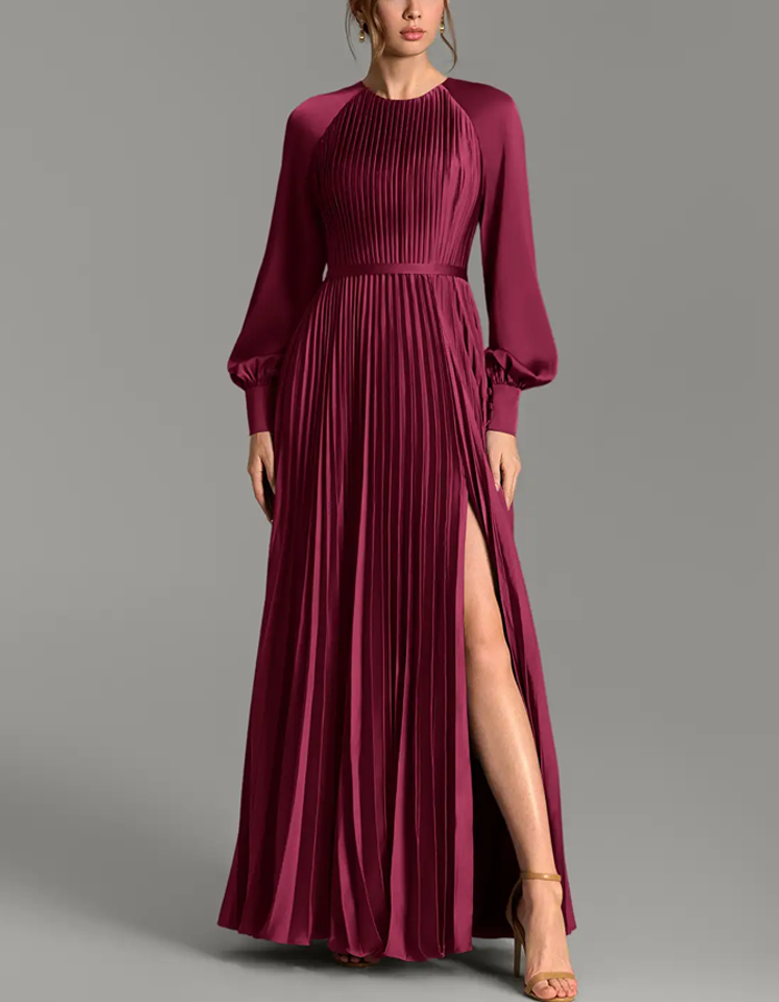 Multi-colored Round-neck Long-sleeved Pleated Satin Maxi Dress