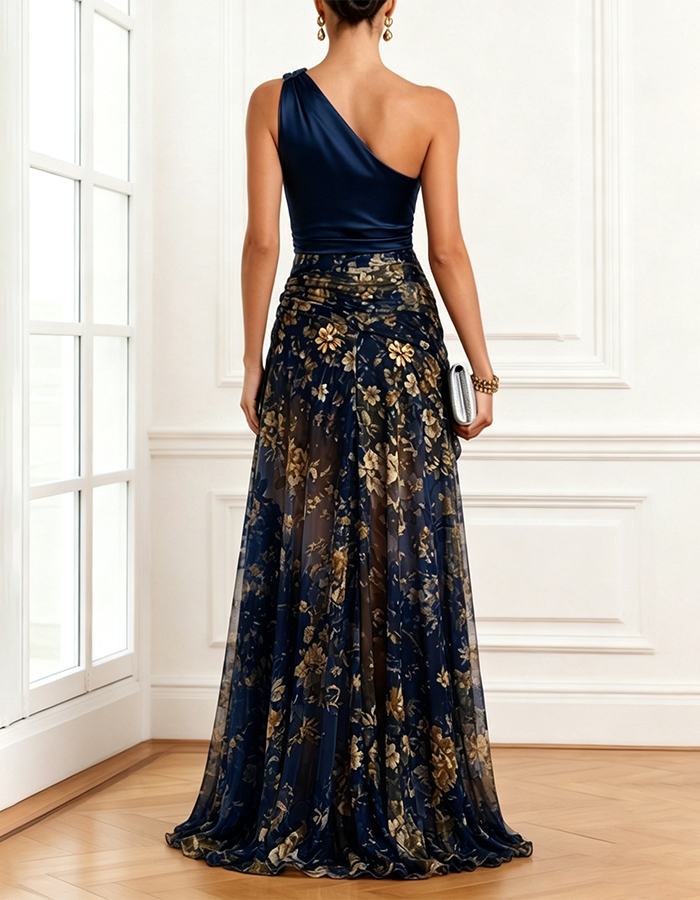 Navy Blue One‑Shoulder Ruched Satin Bodice Gold Floral Print Chiffon High‑Slit Maxi Dress