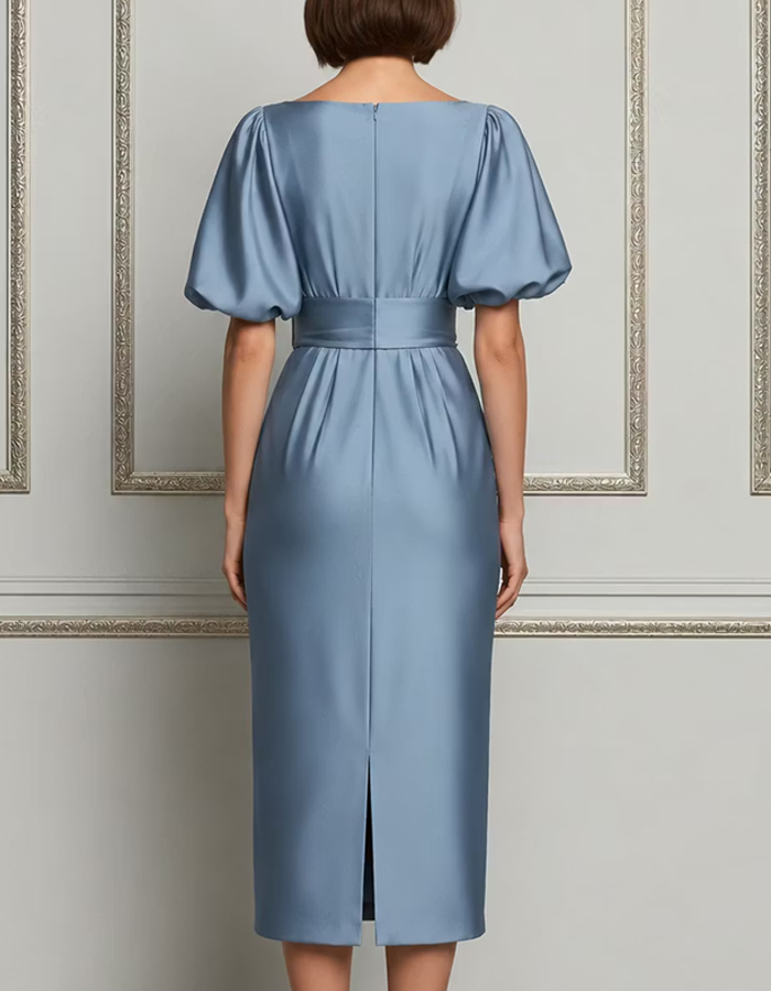 Boat Neck Satin Batwing Sleeve 3D Rose Short-sleeved Midi Dress