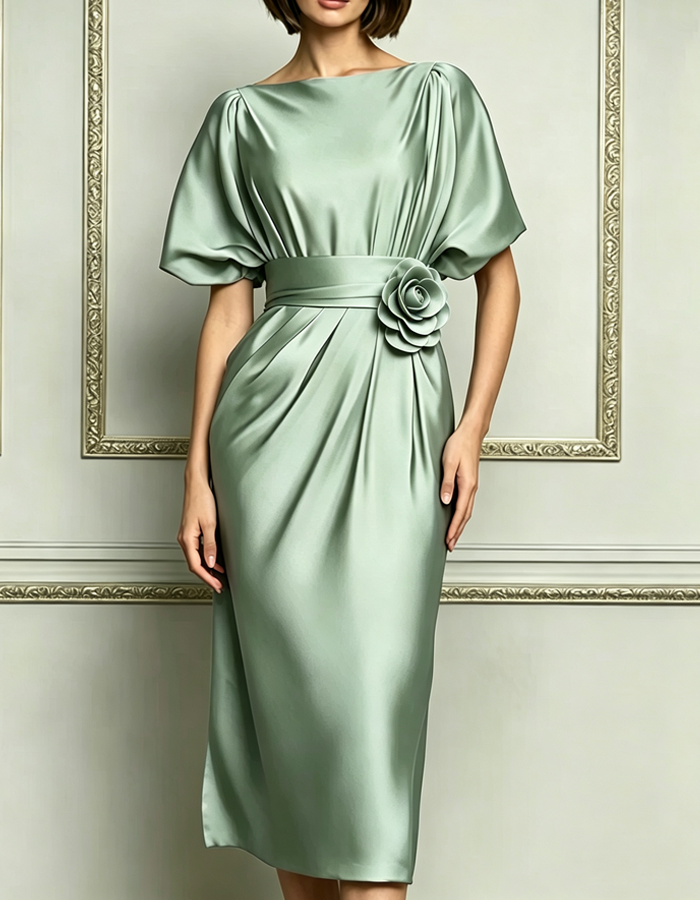 Boat Neck Satin Batwing Sleeve 3D Rose Short-sleeved Midi Dress