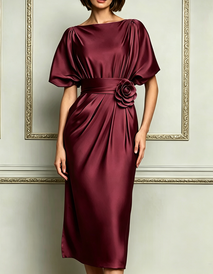 Boat Neck Satin Batwing Sleeve 3D Rose Short-sleeved Midi Dress