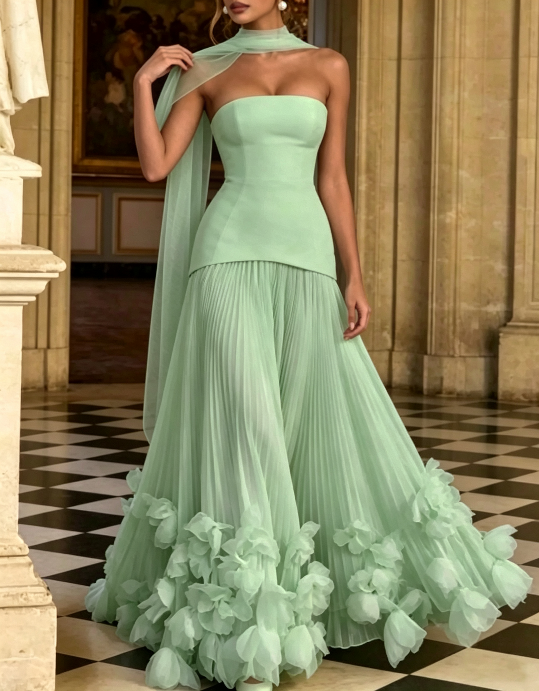 Strapless Crepe & Chiffon Lace‑Up Back Pleated 3D Floral Appliqué A‑Line Maxi Dress