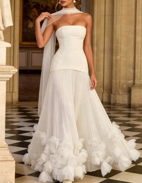 Strapless Crepe & Chiffon Lace‑Up Back Pleated 3D Floral Appliqué A‑Line Maxi Dress