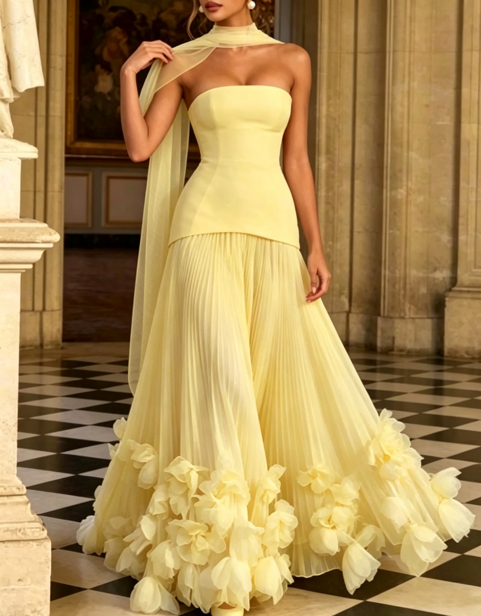Strapless Crepe & Chiffon Lace‑Up Back Pleated 3D Floral Appliqué A‑Line Maxi Dress