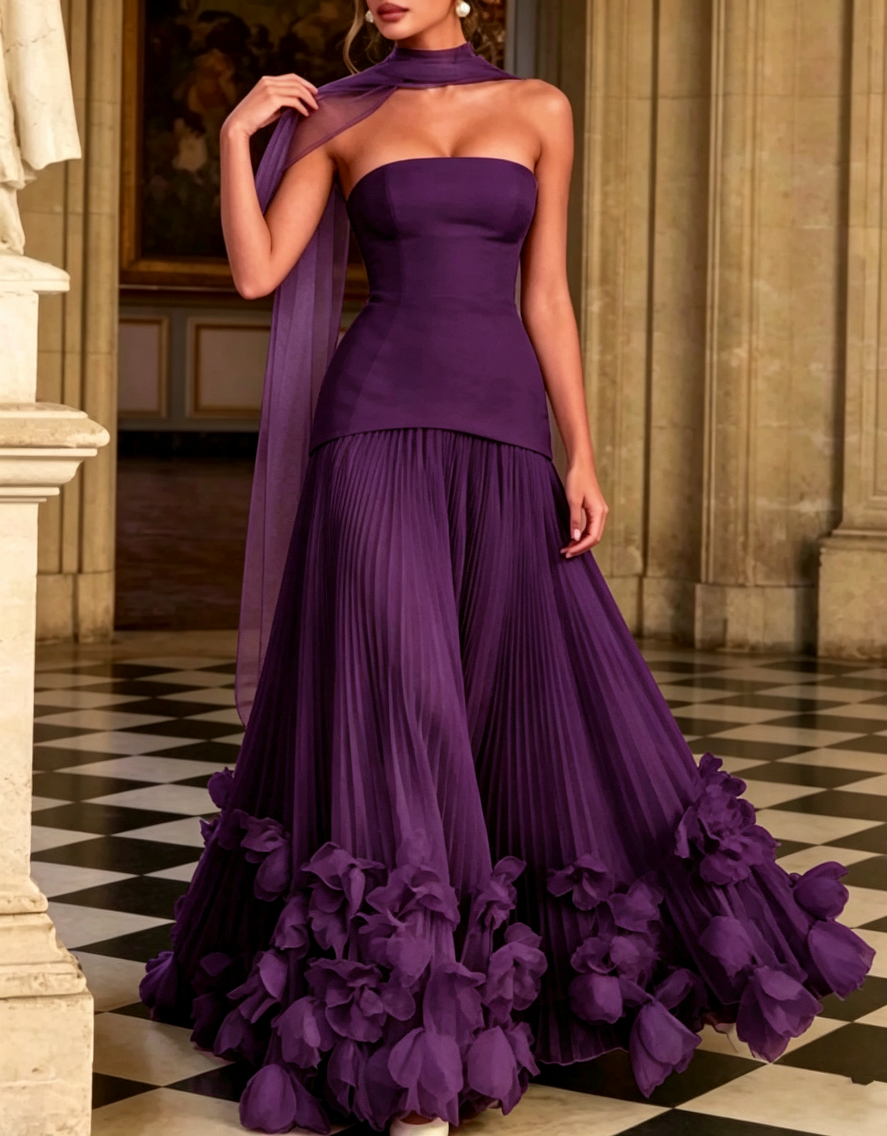 Strapless Crepe & Chiffon Lace‑Up Back Pleated 3D Floral Appliqué A‑Line Maxi Dress