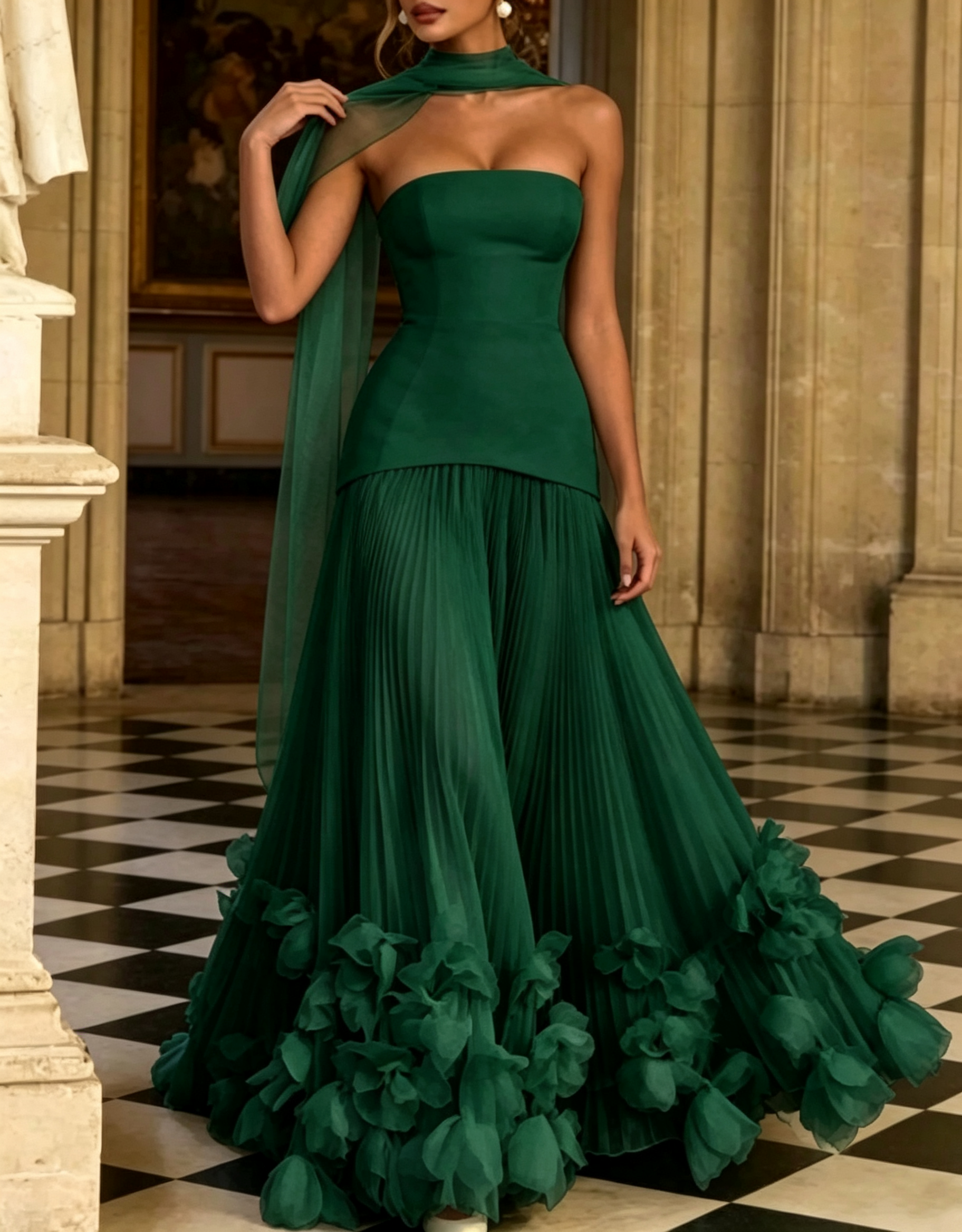 Strapless Crepe & Chiffon Lace‑Up Back Pleated 3D Floral Appliqué A‑Line Maxi Dress