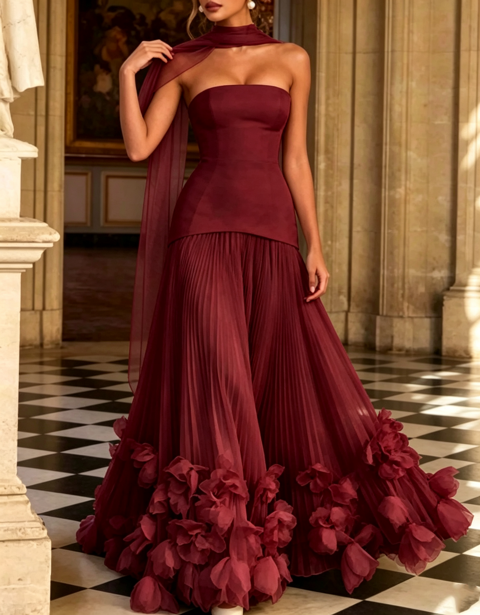 Strapless Crepe & Chiffon Lace‑Up Back Pleated 3D Floral Appliqué A‑Line Maxi Dress
