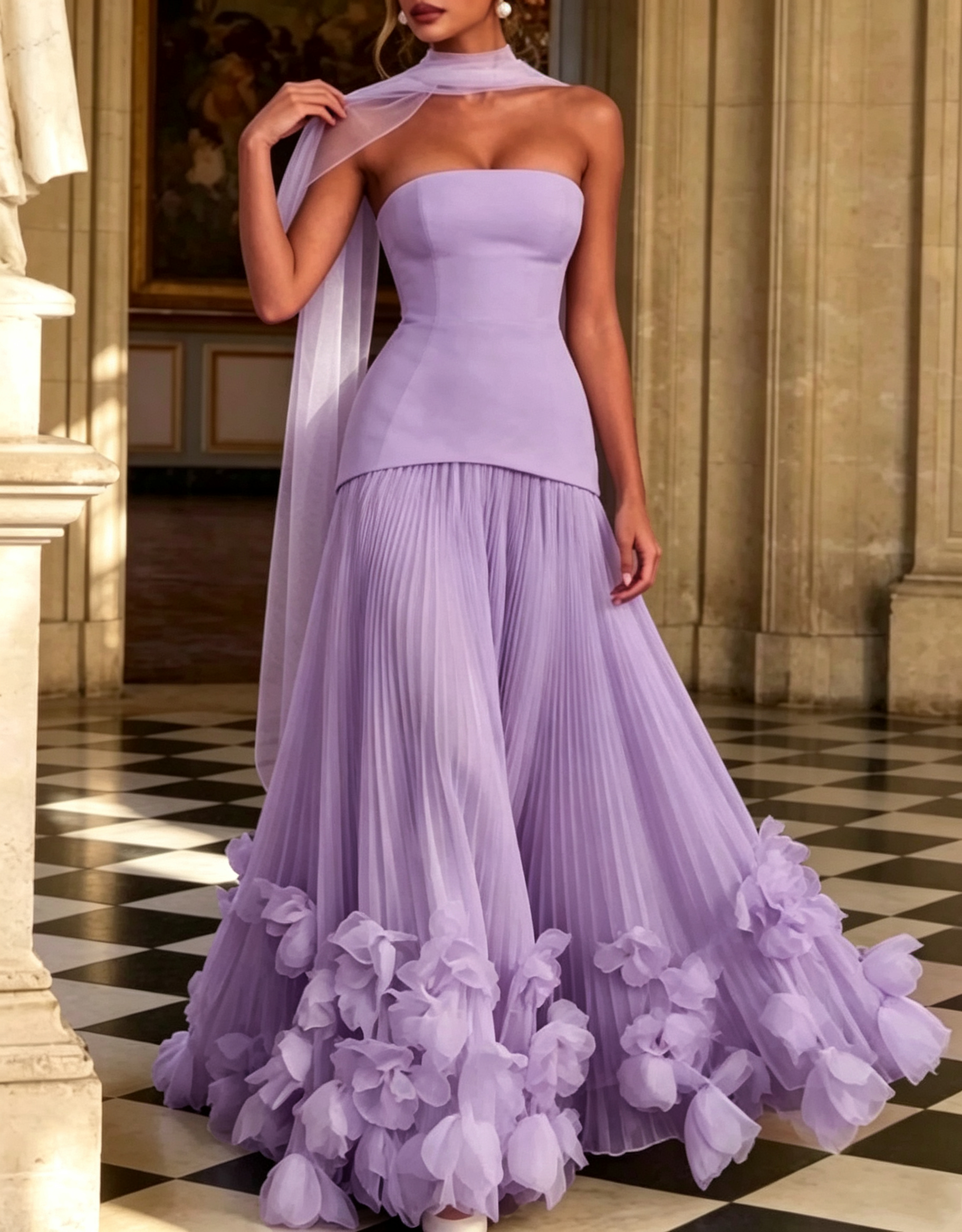Strapless Crepe & Chiffon Lace‑Up Back Pleated 3D Floral Appliqué A‑Line Maxi Dress