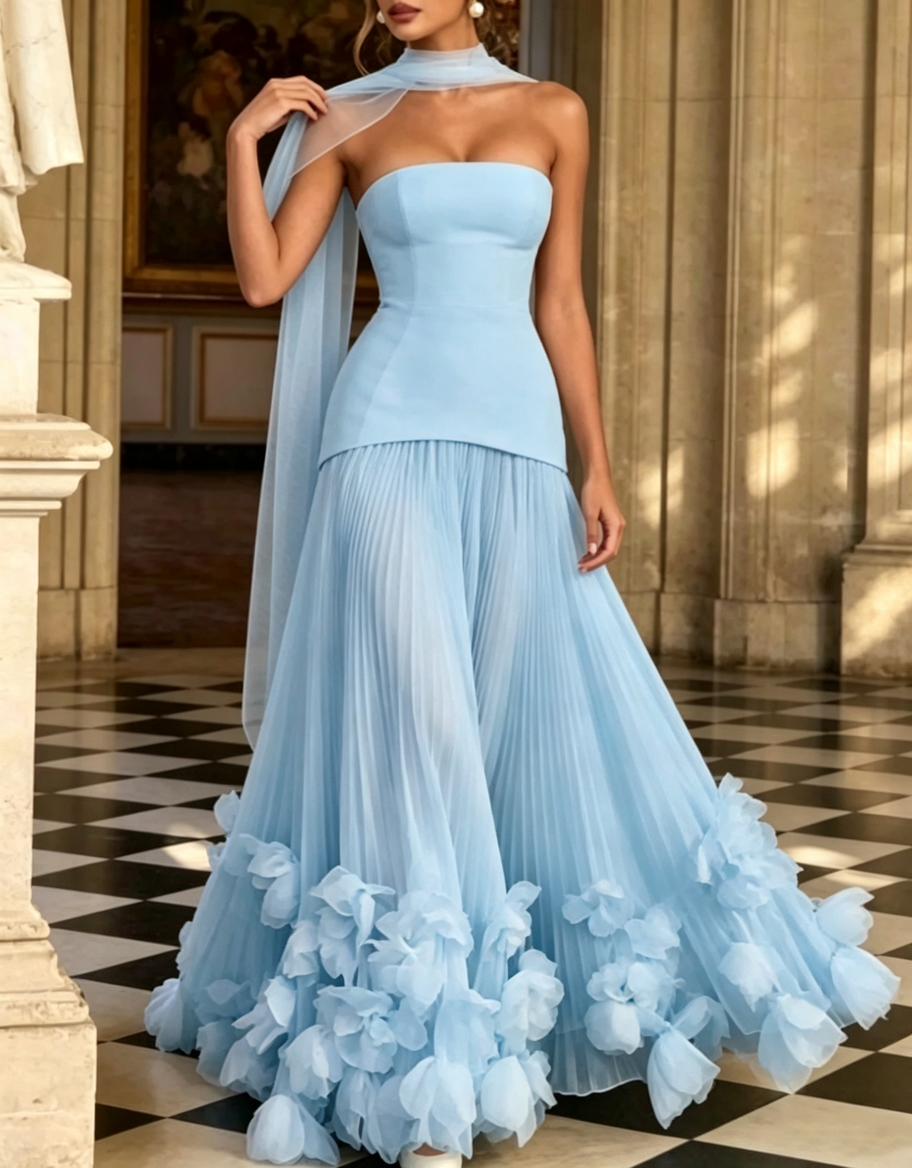 Strapless Crepe & Chiffon Lace‑Up Back Pleated 3D Floral Appliqué A‑Line Maxi Dress