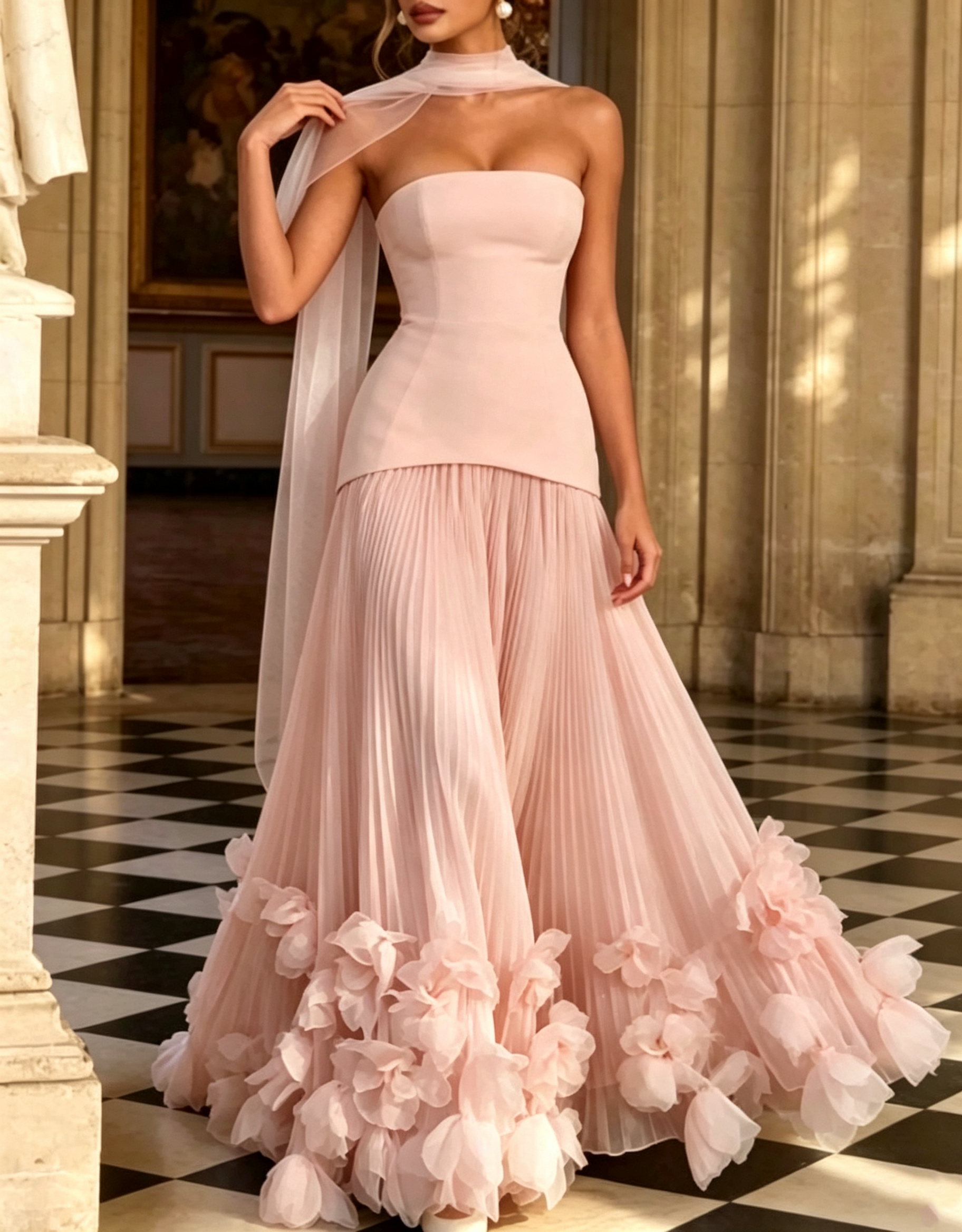 Strapless Crepe & Chiffon Lace‑Up Back Pleated 3D Floral Appliqué A‑Line Maxi Dress