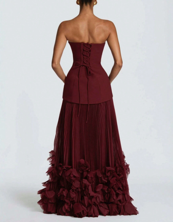 Strapless Crepe & Chiffon Lace‑Up Back Pleated 3D Floral Appliqué A‑Line Maxi Dress